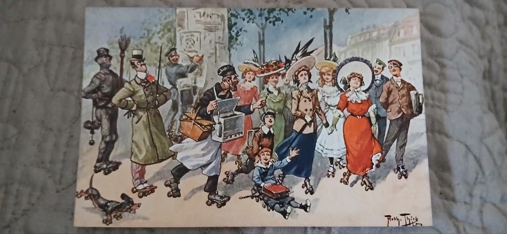 Oude kaart Arthur Thiele: gezelschap op rolschaatsen, Ophalen of Verzenden, Voor 1920, Ongelopen