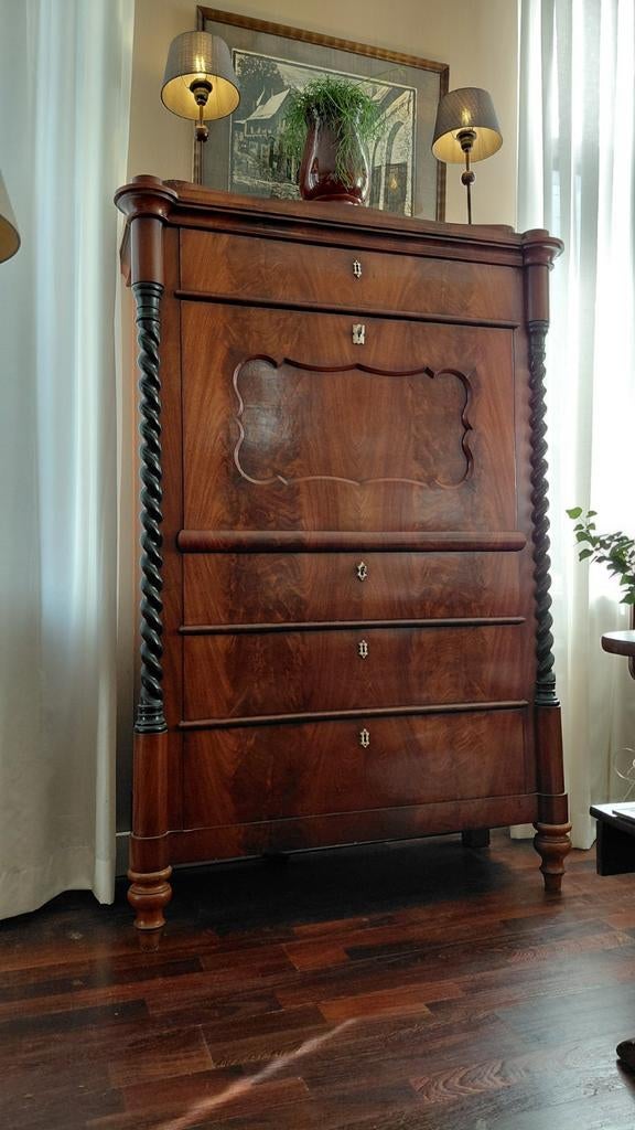 Biedermeier ladenkast secretaire zwarte zuilen H175xB118xD50, Ophalen