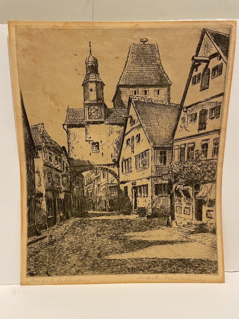 Martin van Waning - ets - Poortje te Rothenburg, Ets, Architectuur, Ophalen of Verzenden, Gesigneerd