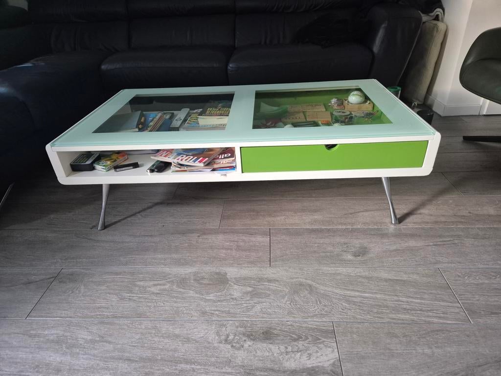 Leuke gebruikte koffietafel 65x120 met glasplaat, Ophalen, Gebruikt, 100 tot 150 cm, 50 tot 100 cm