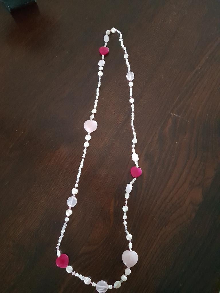 Lang parelcollier: echte parels, roze tourmalijn, roze kwart, Nieuw, Ophalen of Verzenden, Steen of Mineraal, Roze