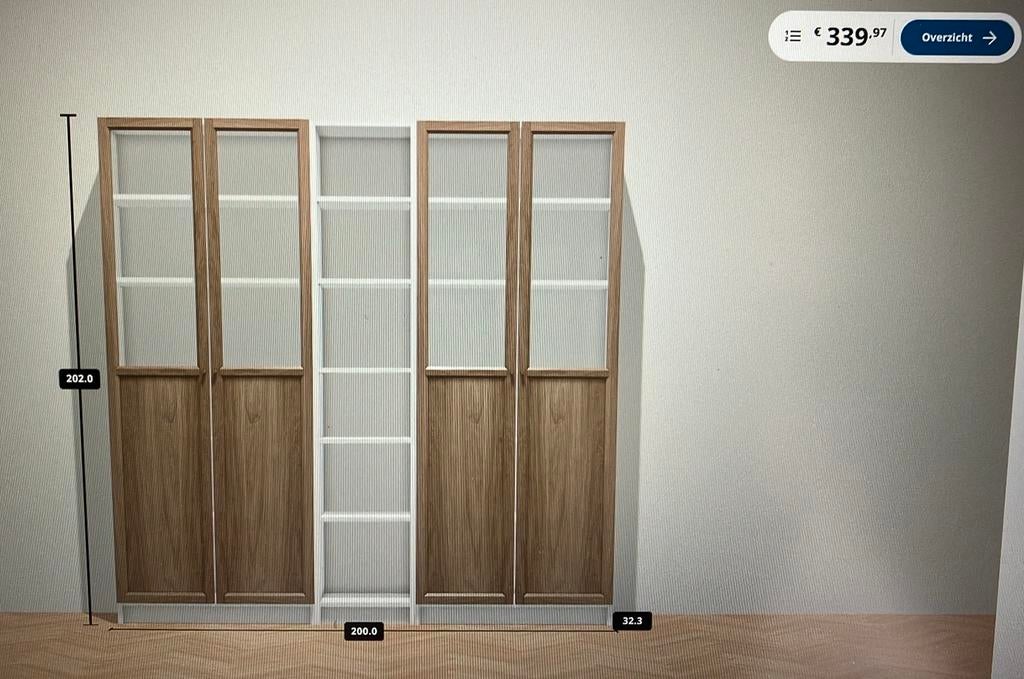 Billy boekenkasten met walnootfineer Oxberg deuren, Ophalen, Gebruikt, 200 cm of meer, 150 tot 200 cm