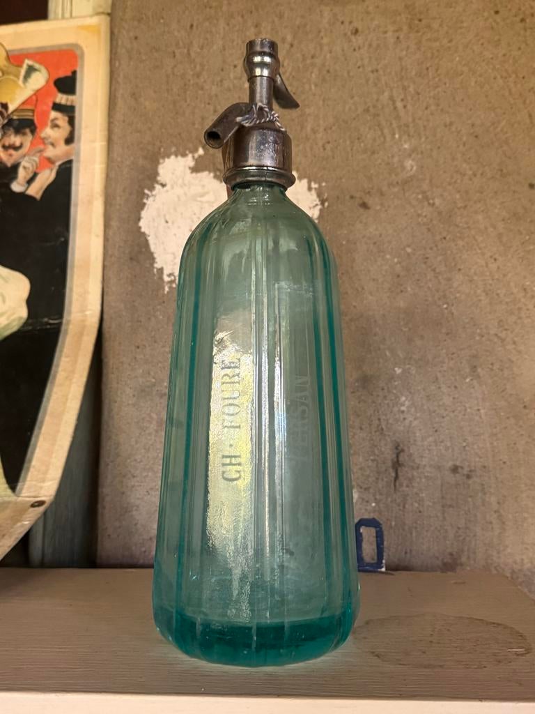 Antieke Franse spuitfles - 1936 - Blauw/groen glas, Antiek en Kunst, Antiek | Glas en Kristal, Ophalen of Verzenden