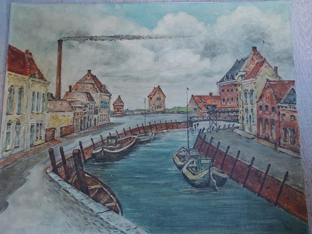 Voorcde echte bergenaar Schilderij oude haven., Ophalen of Verzenden