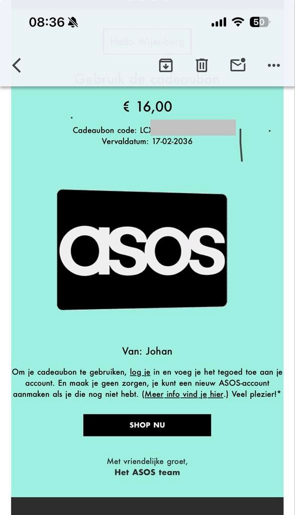 Cadeaukaart Asos (16 euro), geldig t/m 2036, Tickets en Kaartjes, Eén persoon, Cadeaubon