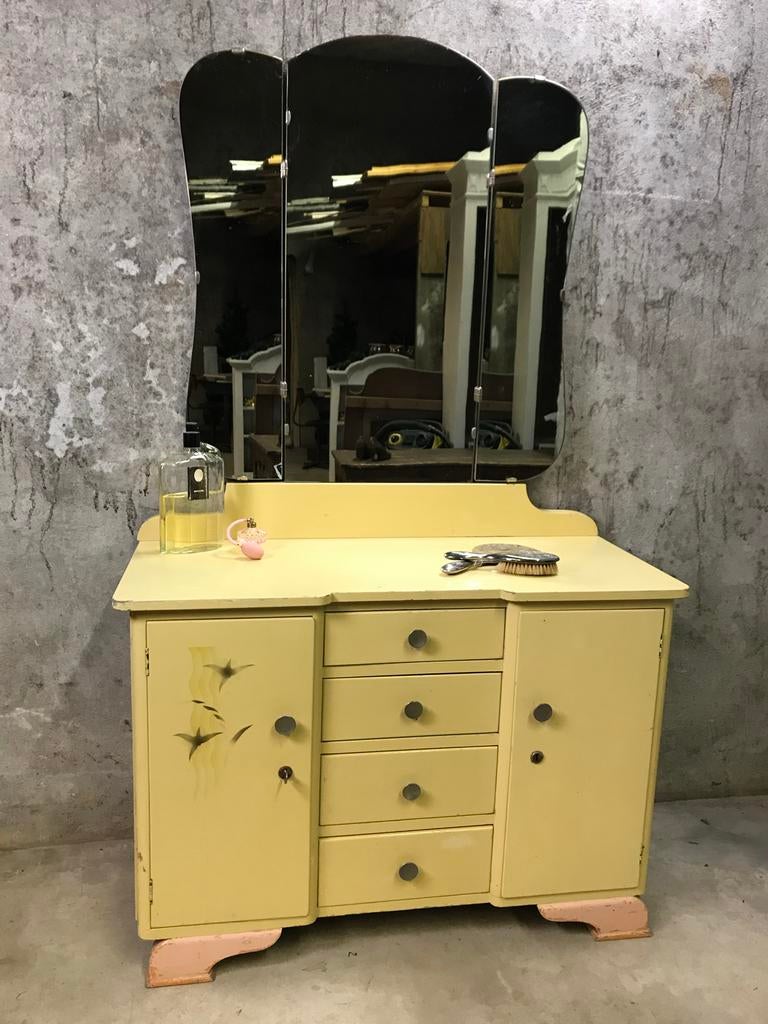 Vintage Kaptafel met 3-Luiks Spiegel - Geel & Roze, 100 tot 150 cm, Vintage, Ophalen of Verzenden, Zo goed als nieuw