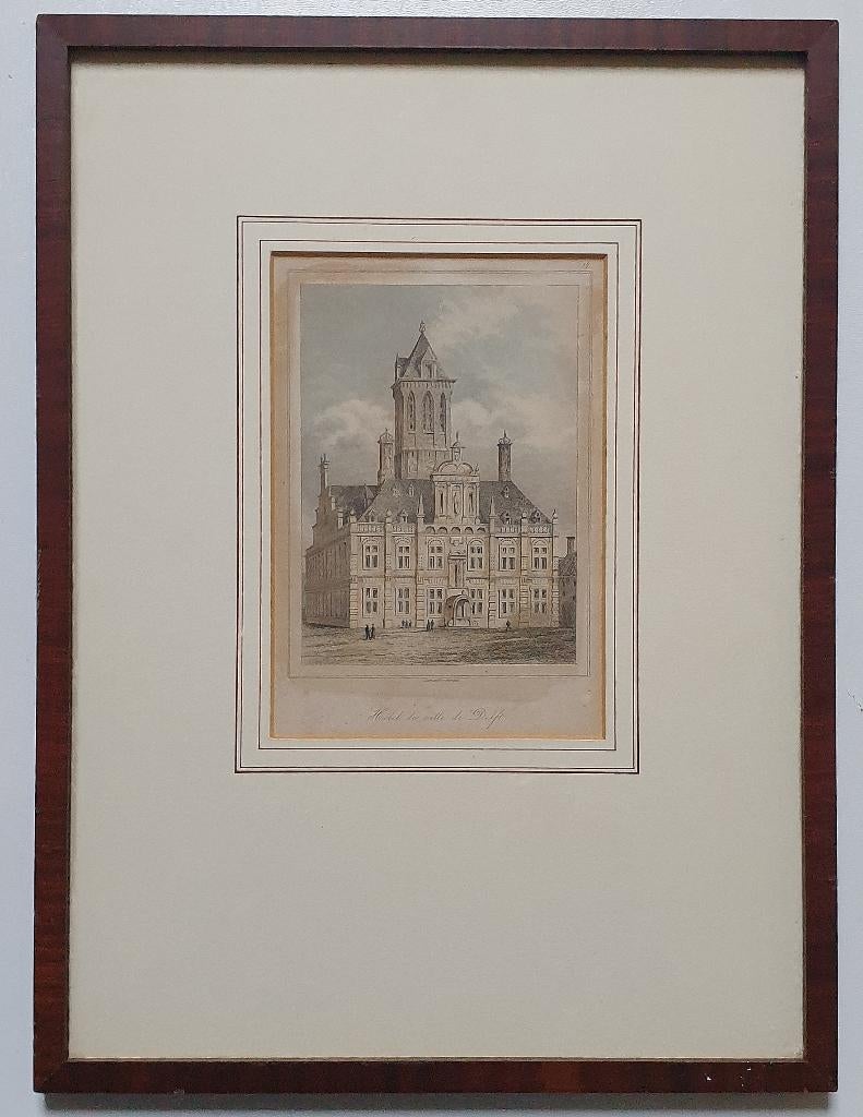 Staalgravure handgekleurd 1800 Hotel de Ville/Stadhuis Delft, Antiek en Kunst, Ophalen of Verzenden