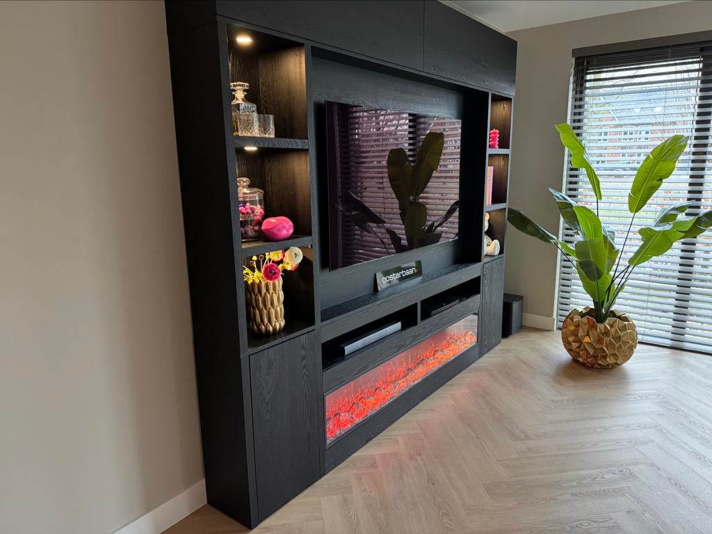 Luxe Black Oak Cinewall met haard & verlichting NIEUW Uniek, Overige materialen, Info@oosterbaanwonen.nl, Venus 31 8448CE Heerenveen