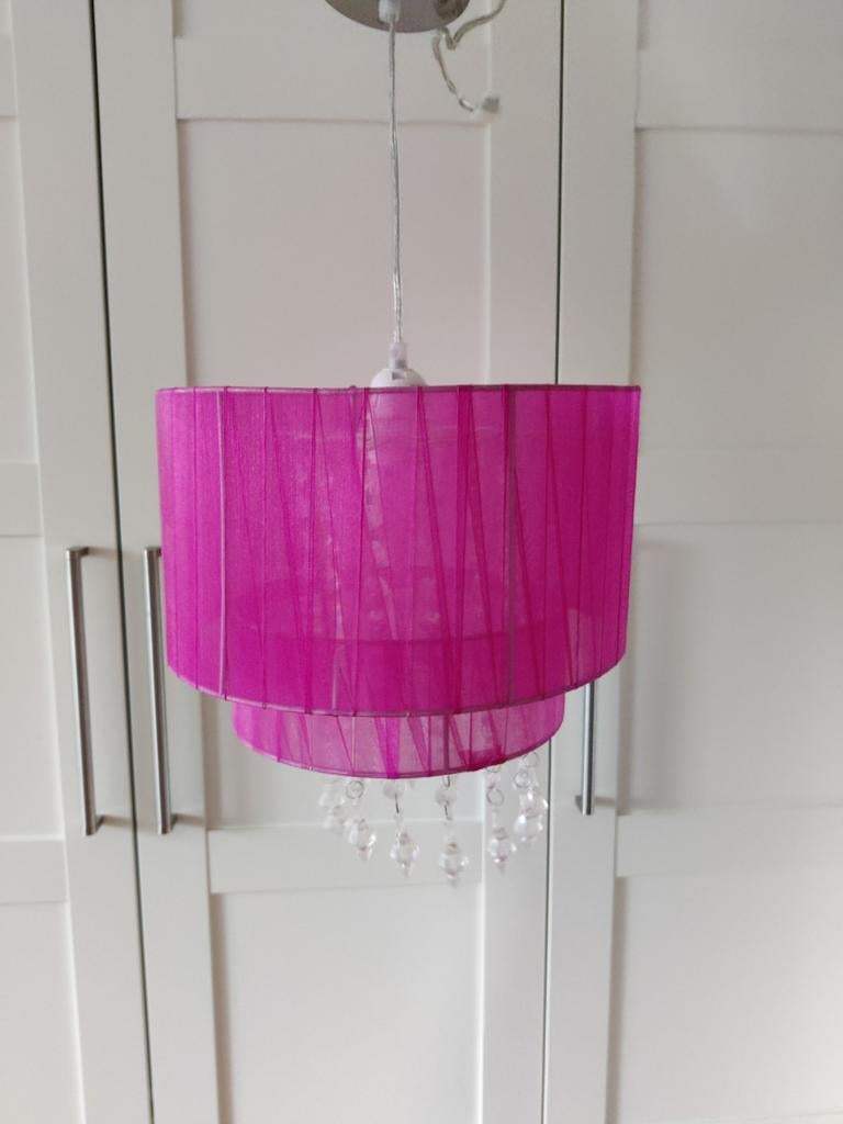 Roze hanglamp met kristallen met gratis roze klok, Kunststof, Gebruikt, Minder dan 30 cm, Minder dan 60 cm