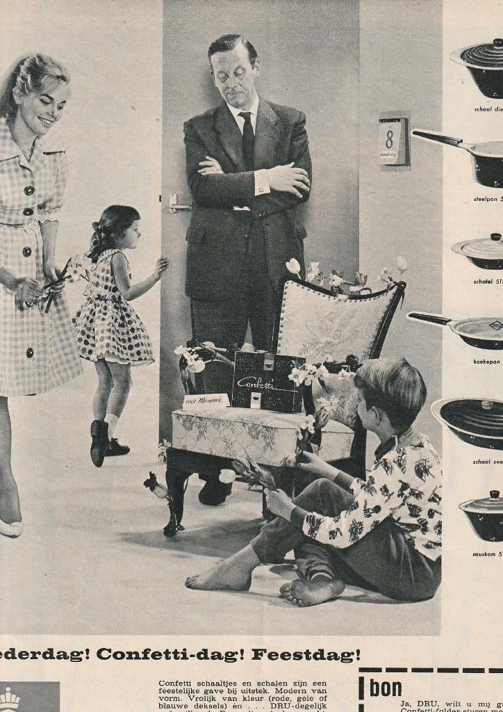 Retro reclame 1964 Dru Confetti schalen pan jongetje meisje, Verzenden, Overige typen