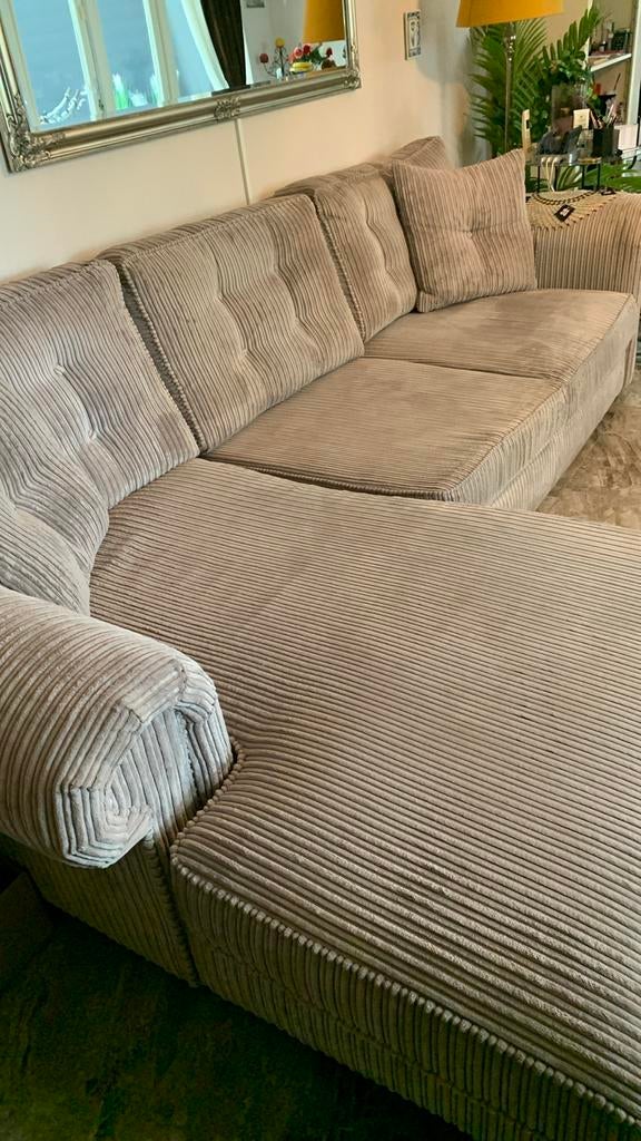 Grijze ribstof hoekbank, Huis en Inrichting, Banken | Bankstellen, Ophalen, 250 tot 300 cm, Gebruikt, 100 tot 125 cm