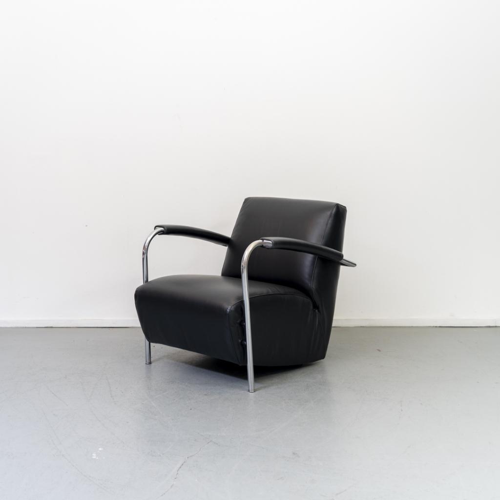 4x Leolux Scylla Fauteuil Laag Zwart Leder - Chroom, Niet ingevuld, Niet ingevuld, 75 tot 100 cm, Ophalen of Verzenden