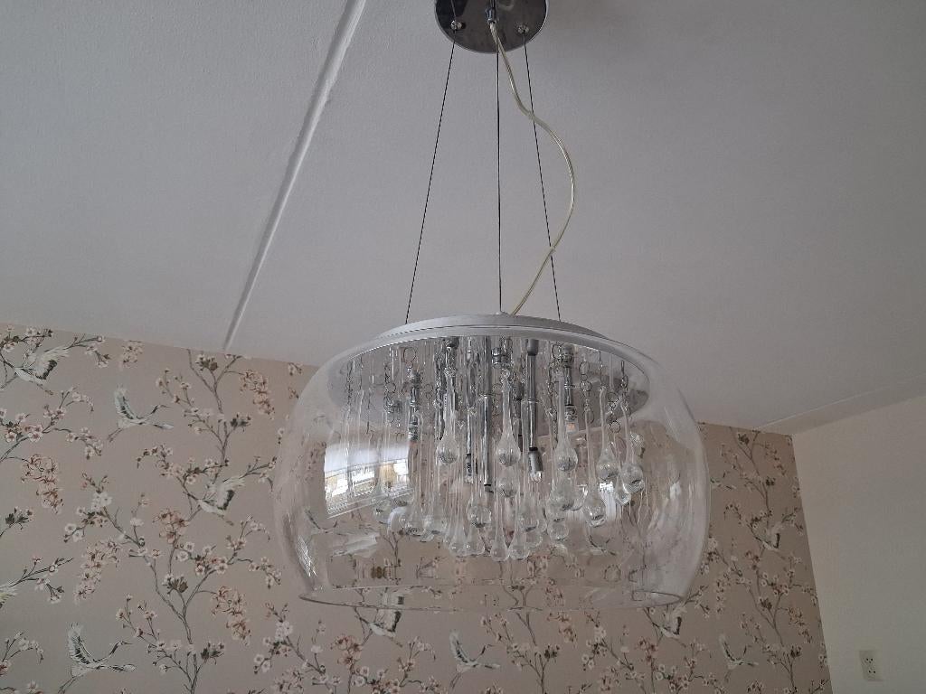 Glazen hanglamp met kristal pegels, Ophalen, Gebruikt, Glas, Sjiek