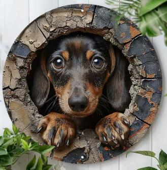 Vintage rond bord van metaal - Teckel (20cm), Huis en Inrichting, Woonaccessoires | Wanddecoraties, Nieuw, Ophalen of Verzenden