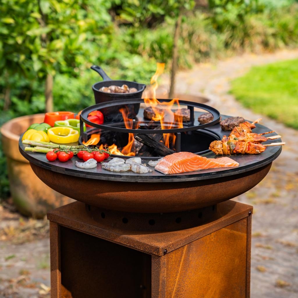 bbq Plancha Camarada Cortenstaal met wielen en houtopslag NW, Ophalen of Verzenden, Nieuw, RJRoyal Living, Met accessoires
