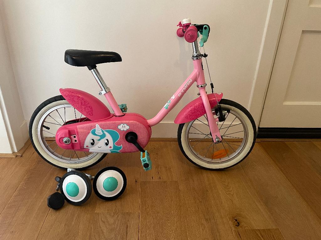 Meisjes fiets 14 inch roze eenhoorn, Ophalen, 14 inch of minder, BTWIN, Handrem
