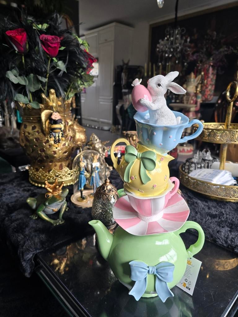 Paasdecoratie theepot met kopjes en paashaas - 45 cm, Ophalen of Verzenden, Nieuw