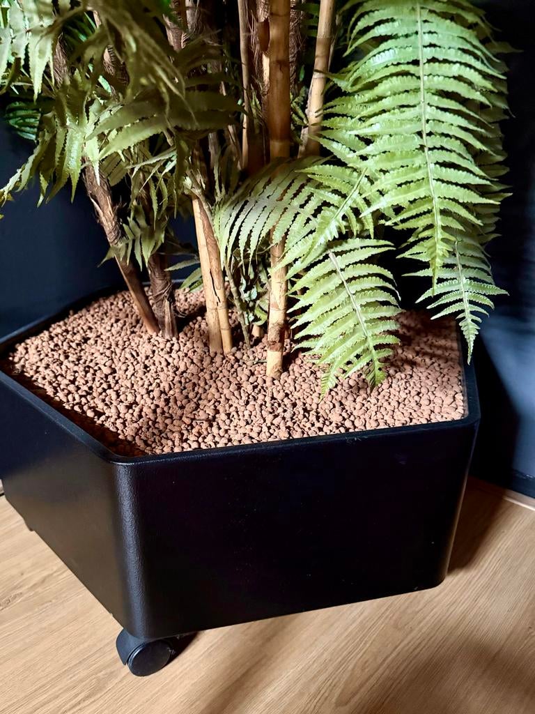 Grote kunstplant in bak met wielen • 260cm hoog, Ophalen, Zo goed als nieuw, Binnen