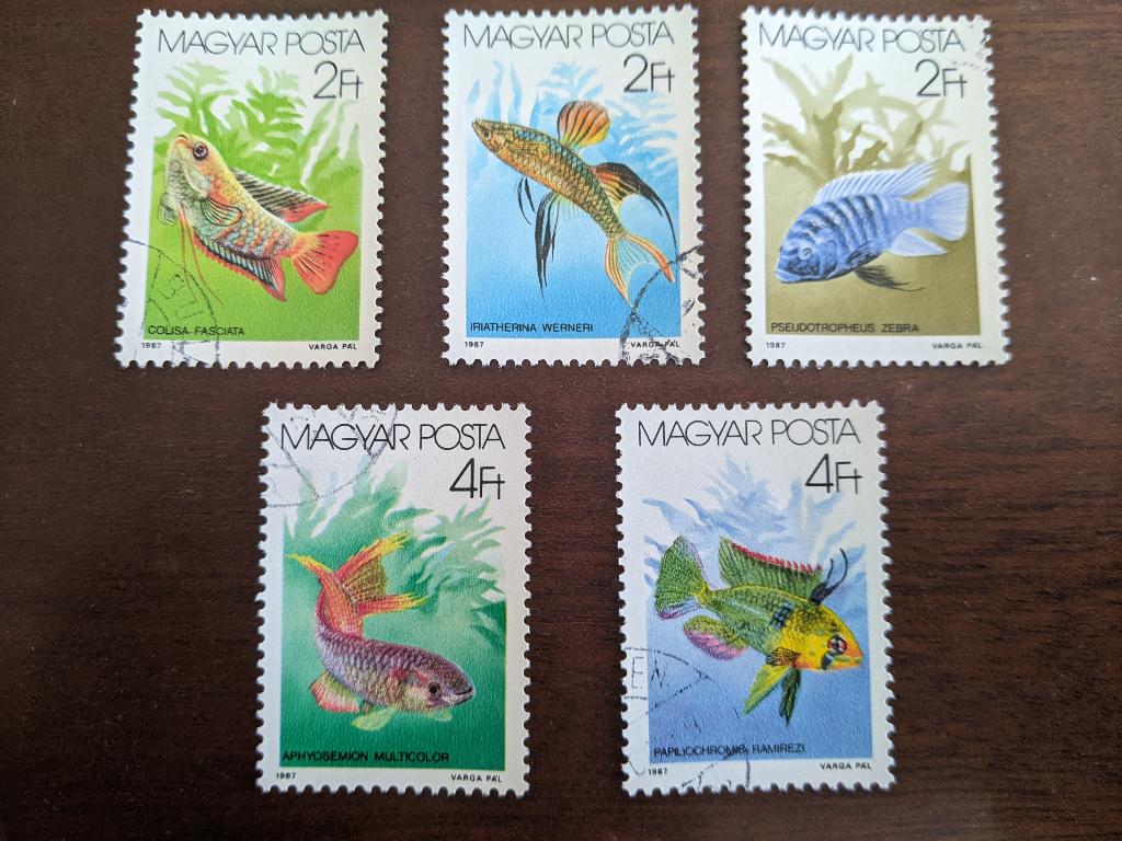 HONGARIJE 1987; set (5) VISSEN, Verzenden, Gestempeld, Dier of Natuur