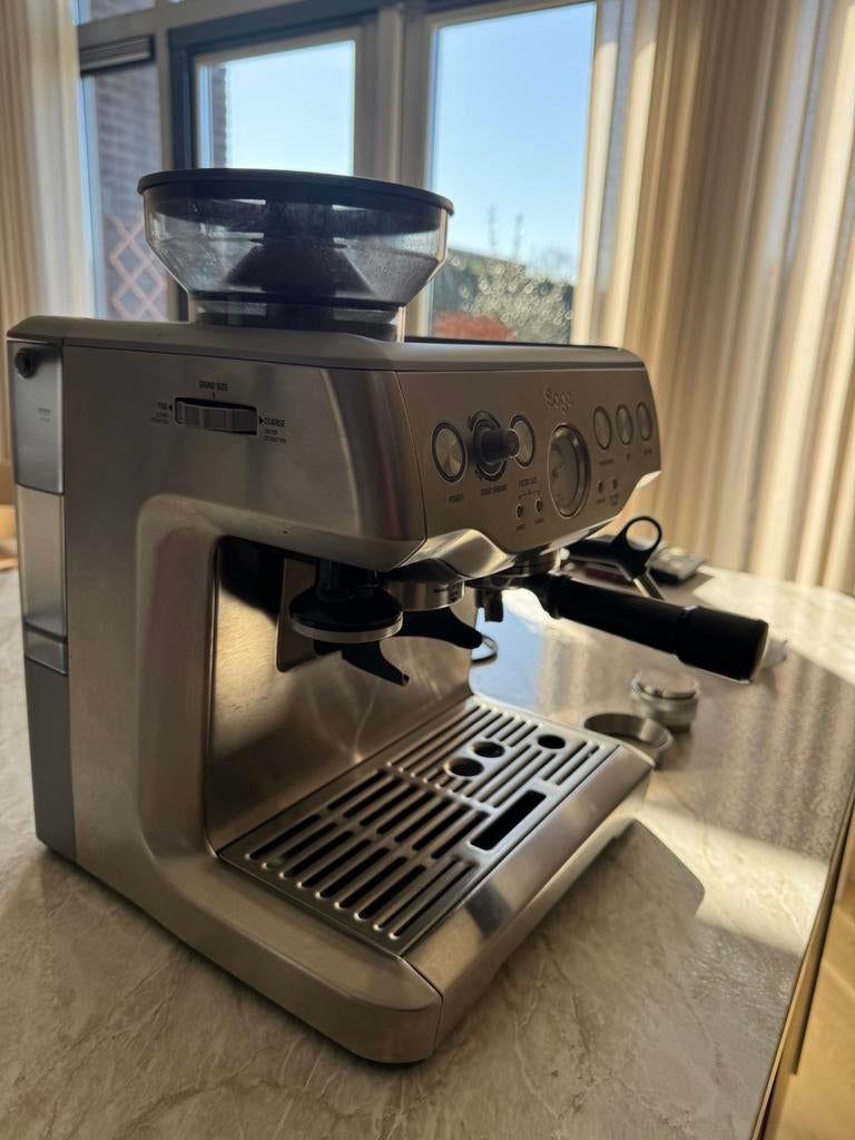 Sage Barista Express + Crema tools + doos (complete set), Ophalen, Gebruikt, Espresso apparaat, 10 kopjes of meer