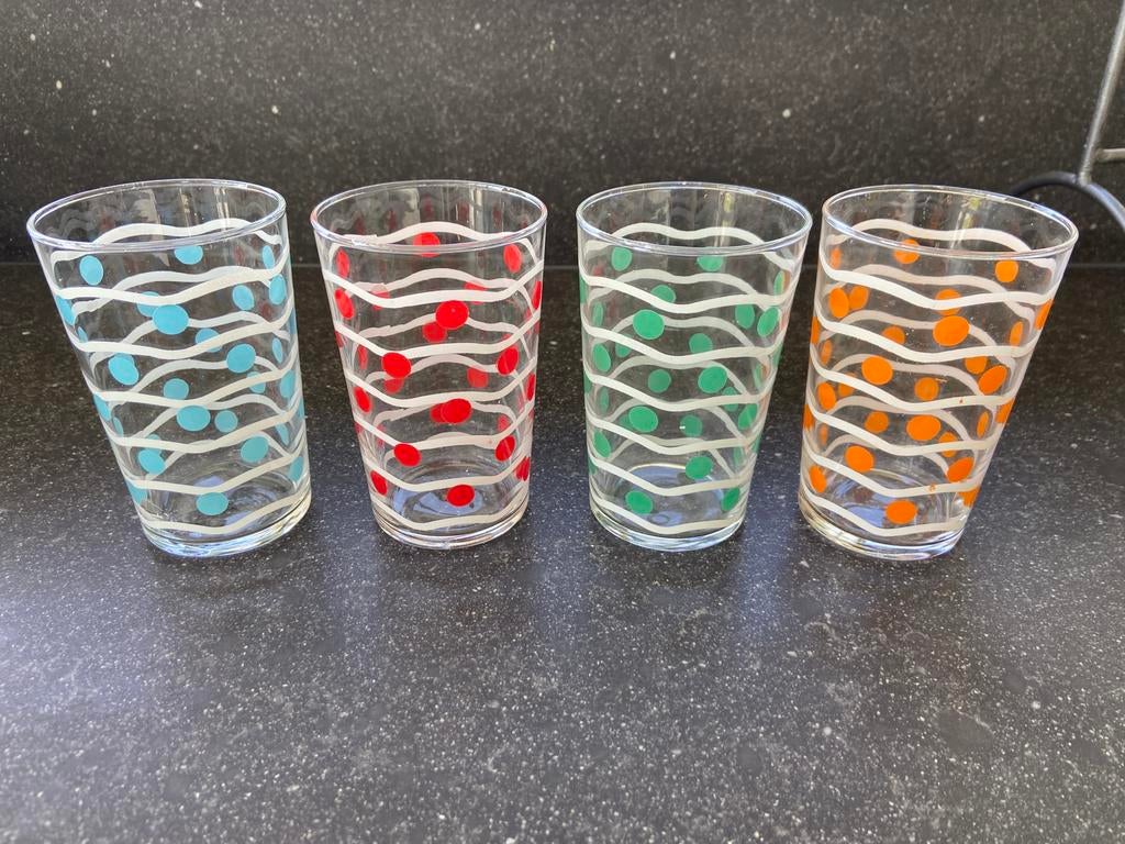4 vintage retro limonade glazen drinkglazen stip en lijn, Ophalen of Verzenden, Zo goed als nieuw, Waterglas