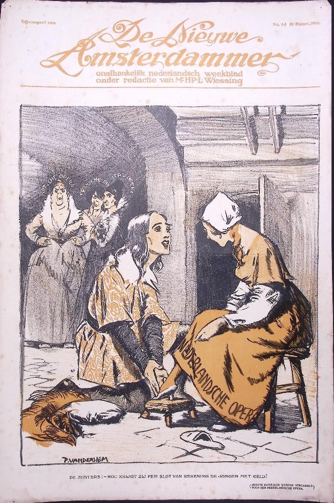 Spotprent over Nederlandse opera tijdens Eerste Wereldoorlog, Antiek en Kunst, Kunst | Litho's en Zeefdrukken, Ophalen