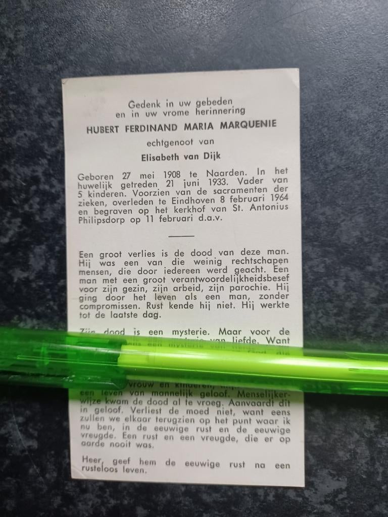 Bidprentje Naarden Eindhoven Hubert Marquenie 1908 1964, Ophalen, Bidprentje