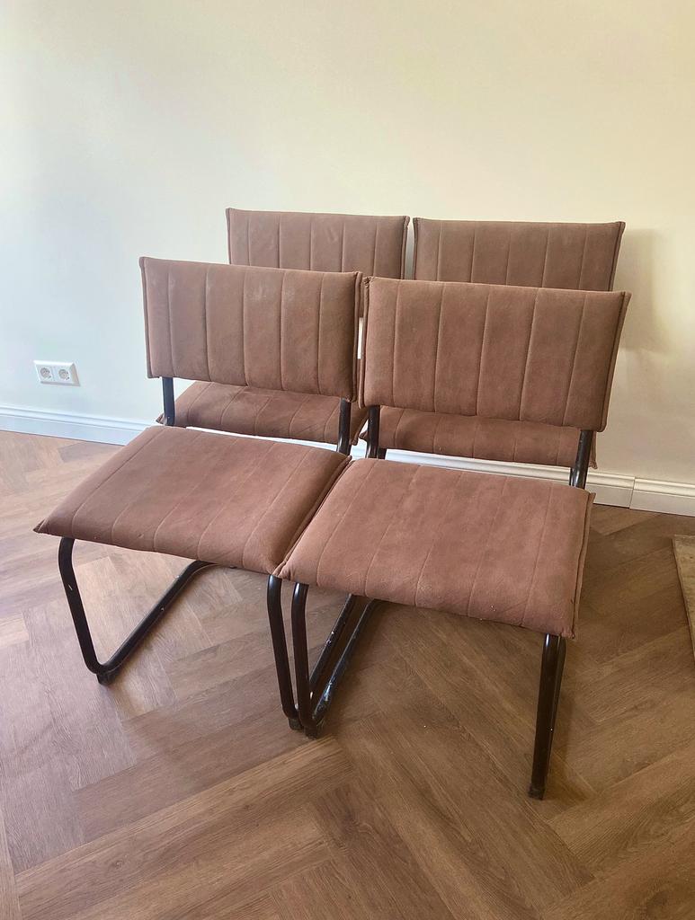 Buisstoelen met bruine zitting 4 stuks, Huis en Inrichting, Ophalen, Gebruikt, Bruin, Vier