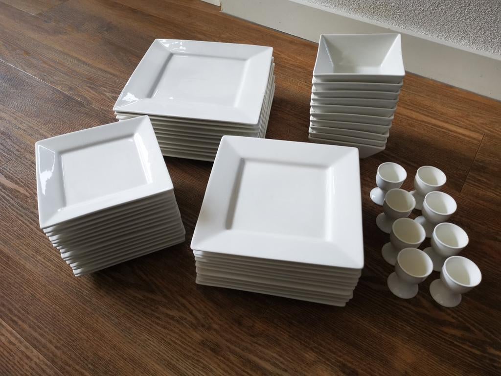Wit vierkant servies - complete set, Ophalen, Gebruikt, Effen, Porselein