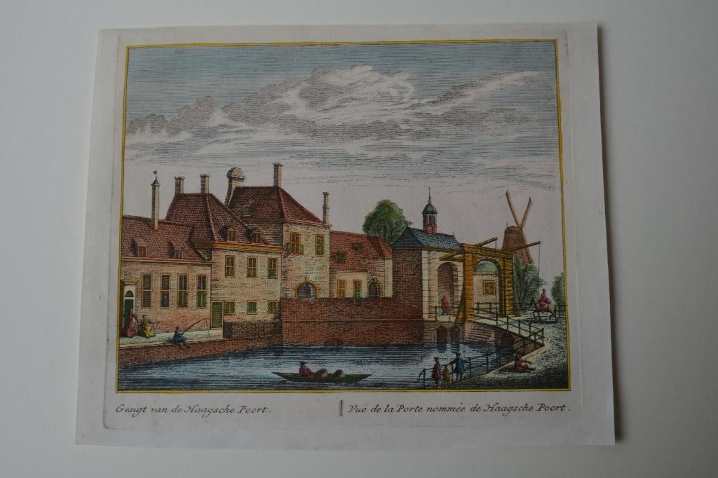 LEIDEN HAAGSCHE-POORT Kopergravure 1731 SCHENK RADEMAK, Antiek en Kunst, Verzenden, Stadsgezicht, Handgekleurd, Gravure