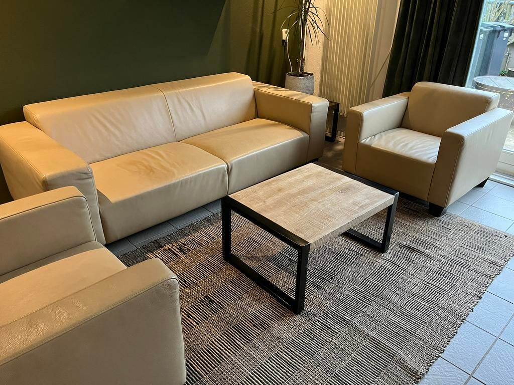 Bankstel + stoelen Goossens echt Leer!!, Ophalen, Zo goed als nieuw, 200 tot 250 cm, Leer