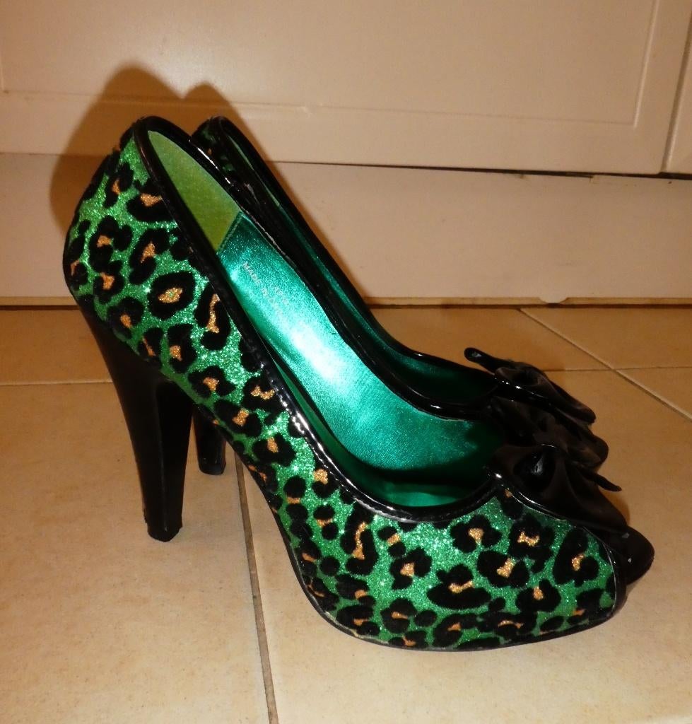 Pin Up Couture pump 39 retro groen zwart goud luipaardprint, Pumps, Verzenden, Zo goed als nieuw, Pin-Up Couture