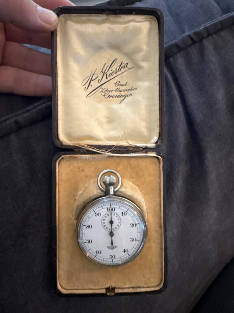 Vintage Heuer Stopwatch met Originele Doos Kieistra Groninge, Zakhorloge, 1960 of later, Zilver, Ophalen