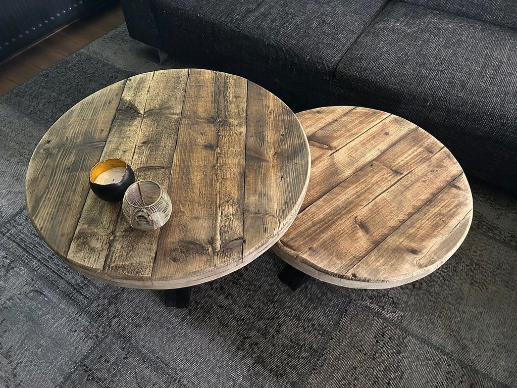 Salontafel s van oud en nieuw gebeitst steigerhout, Huis en Inrichting, Tafels | Salontafels, Rond, Zo goed als nieuw, Minder dan 50 cm