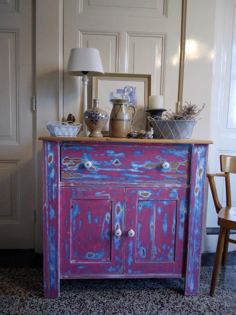 Commode Blauw grenen brocante Provence, Kinderen en Baby's, Kinderkamer | Commodes en Kasten, Ophalen, 50 tot 70 cm, Zo goed als nieuw