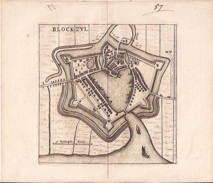 Blokzijl. "Blockzyl" Plattegrond Tirion 1742, Antiek en Kunst, Kunst | Etsen en Gravures, Ophalen of Verzenden