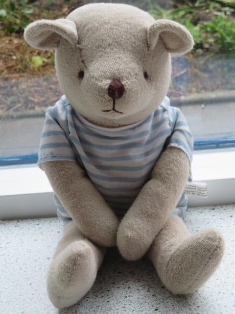 Beer beige blauw wit gestreept shirt merk Difrax ca 35 cm, Ophalen of Verzenden, Zo goed als nieuw, Beer