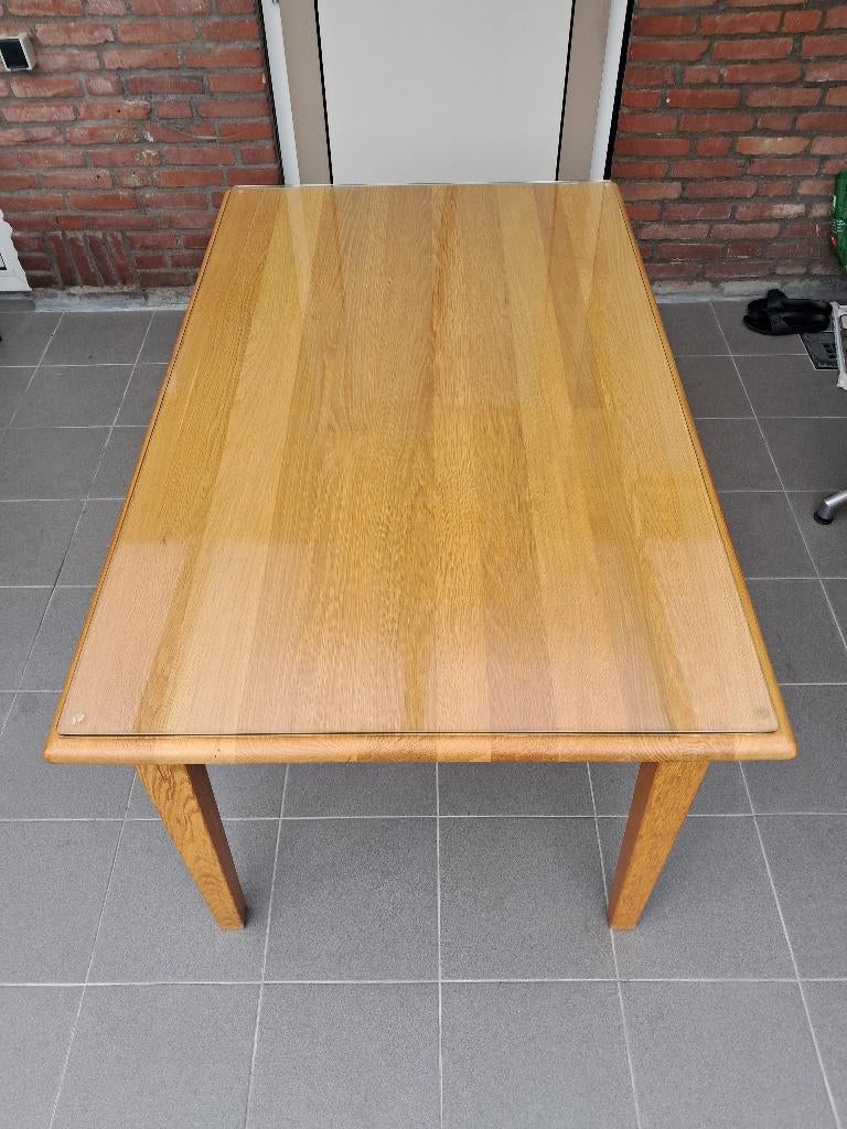 Eikenhouten eettafel met glasplaat 140X185cm, Ophalen, Gebruikt, Eikenhout, 50 tot 100 cm