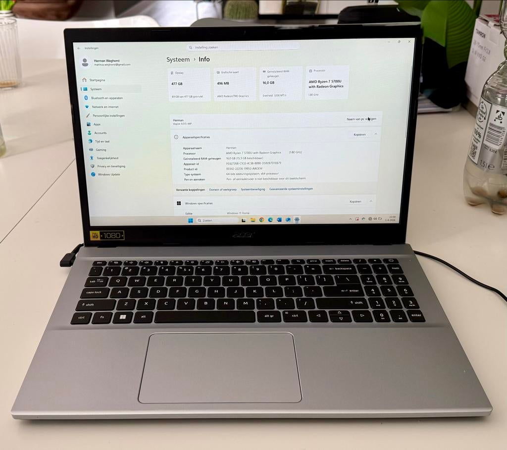 Acer Aspire 3 15" laptop. AMD Ryzen 7, 16GB RAM, 512GB. Zgan, Met videokaart, 2 tot 3 Ghz, Ophalen of Verzenden, Zo goed als nieuw