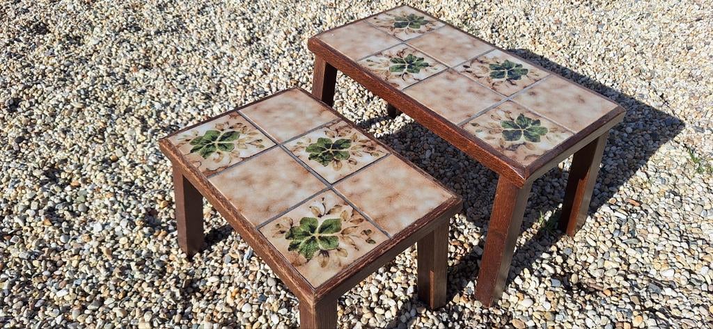 Houten bijzettafeltjes plantentafel tegelblad vintage, Ophalen, Gebruikt, Hout