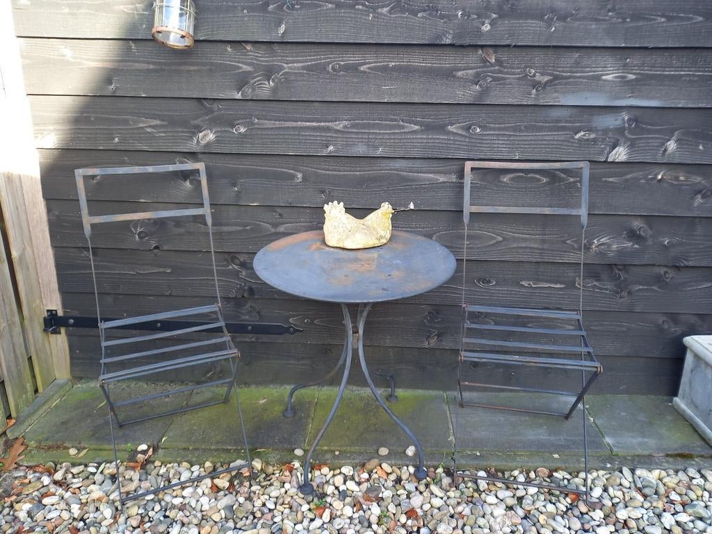 Bistro set tafel 2 stoelen metaal landelijk brocant, Ophalen, Gebruikt, Overige materialen, 2 zitplaatsen
