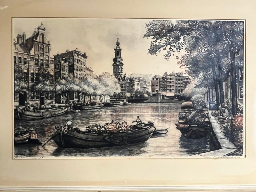 Cornelis Brandenburg, Bloemenmarkt, Amsterdam, Antiek en Kunst, Kunst | Etsen en Gravures, Ophalen