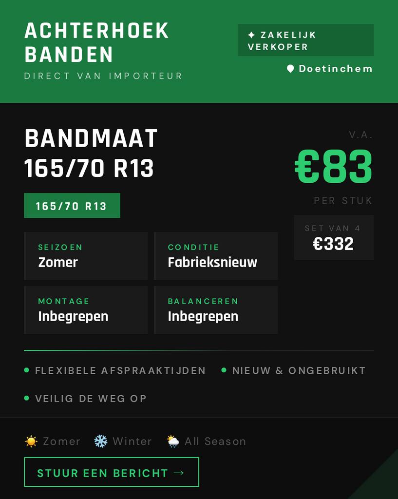 NIEUWE ZOMERBANDEN - 165/70 R13 - INCLUSIEF MONTAGE, Ophalen, Nieuw