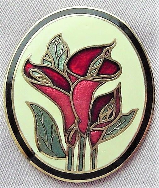 Fish - Vintage Cloisonné Broche – Rode Lelies (6992-3184), Ophalen, Zo goed als nieuw, Rood, Overige materialen