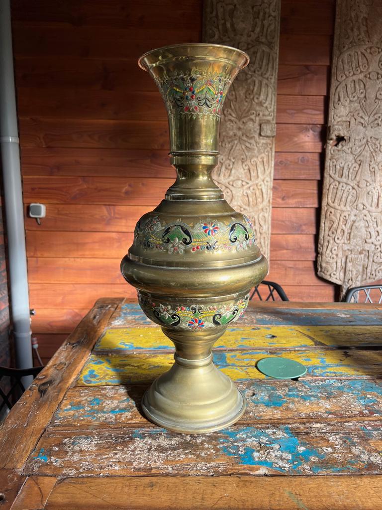 Indiase bronzen vaas handbeschilderd vintage India brons xxl, Antiek en Kunst, Antiek | Vazen, Ophalen of Verzenden