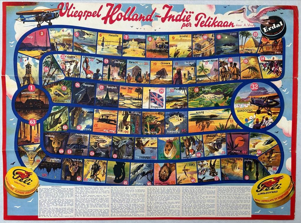 Vliegspel Holland-Indië Pelikaan - Vintage Bordspel, Ophalen of Verzenden, Gebruikt, Kaart, Foto of Prent