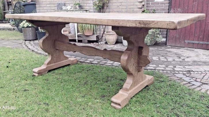 Eiken licht vergrijsde kloostertafel eettafel 215x82.2x76 h., Huis en Inrichting, Tafels | Eettafels, Eikenhout, 200 cm of meer