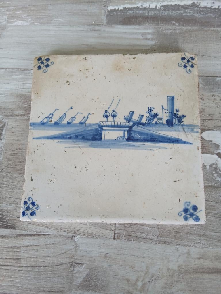 Antieke Delfts Blauwe Tegel met Hollands Landschap, Antiek en Kunst, Antiek | Wandborden en Tegels, Ophalen of Verzenden