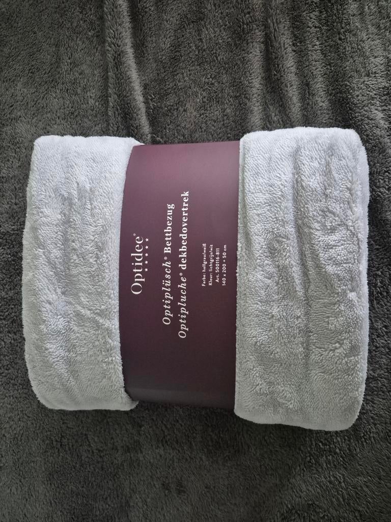 Set 1-persoons Optipluche lichtgrijs-wit    Nieuw!!!, Eenpersoons, Hoeslaken of Sloop, Nieuw, Ophalen of Verzenden