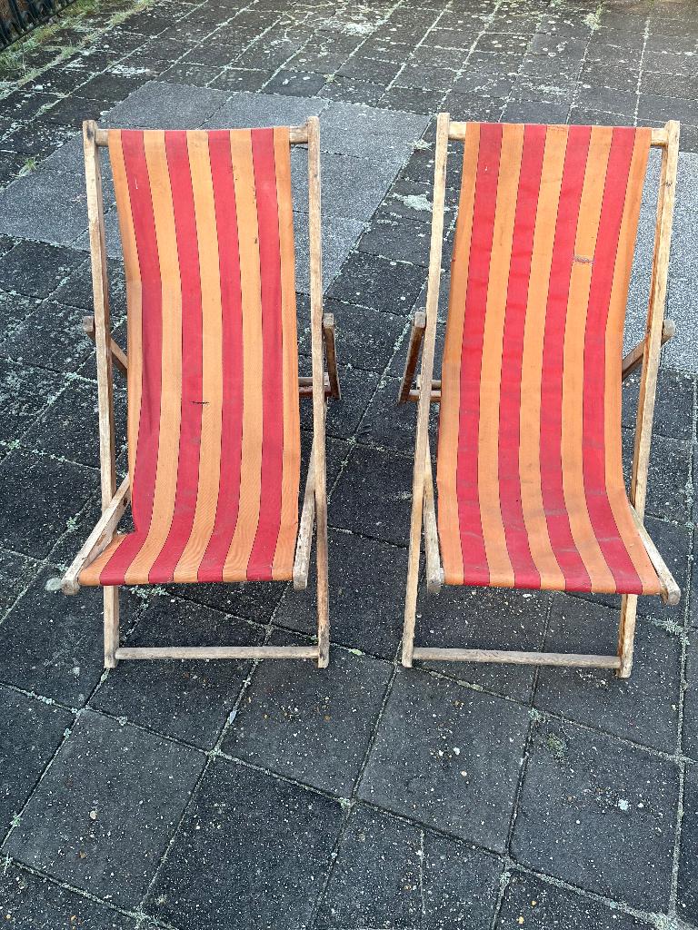 Set van 2 vintage houten strandstoelen / deckchairs, Ophalen, Gebruikt, Hout, Inklapbaar